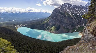Turquoise Lake Louise framed by mountains in Banff National Park